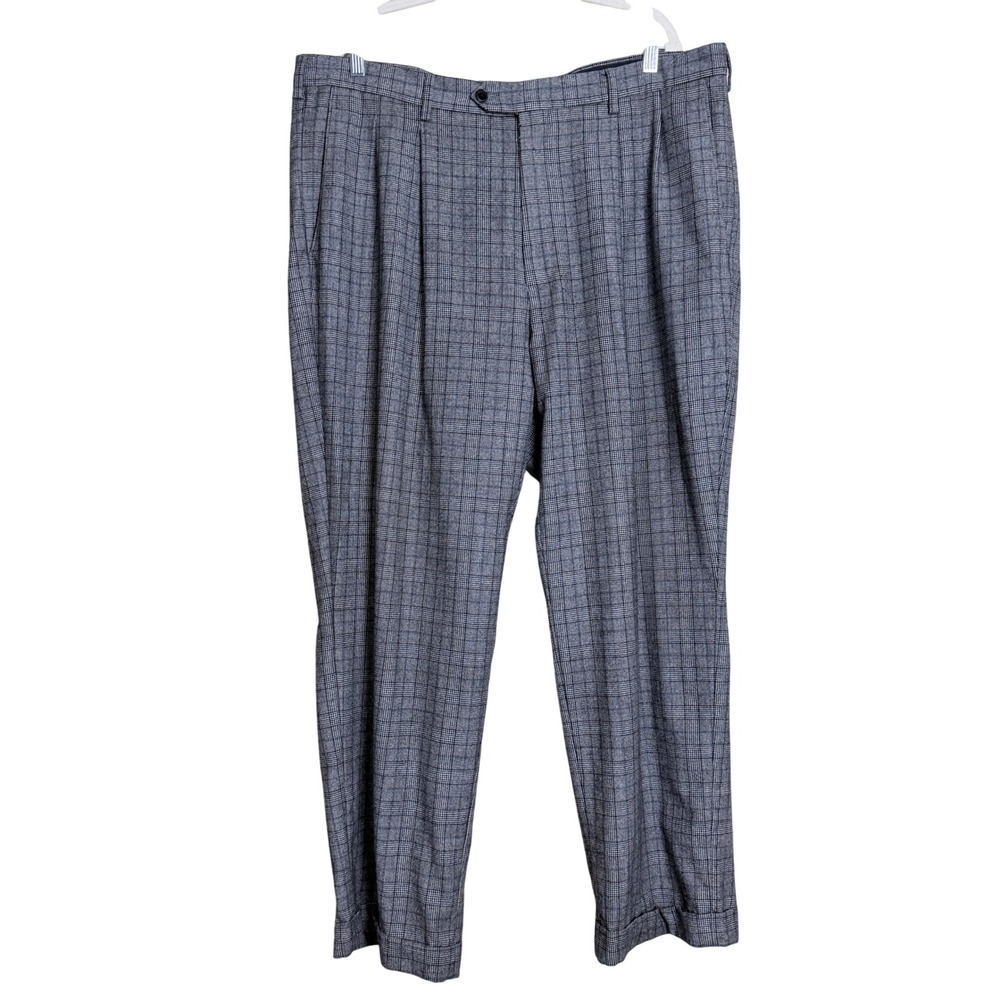 Paul Fredrick Wool Dress Pants 42 Mens Gray Plaid Pleated Cuffed Dark Academia